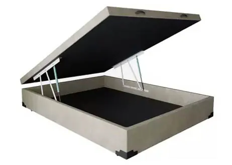 Cama box baú casal bege com tampa aberta